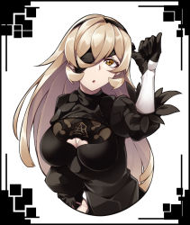 Rule 34 | 1girl, :o, black dress, black gloves, blindfold, blonde hair, breasts, cleavage, cleavage cutout, clothing cutout, cosplay, dress, gloves, highres, impossible clothes, kerenmi, long hair, looking up, medium breasts, nier (series), nier:automata, nijisanji, nui sociere, one eye covered, open mouth, skin tight, solo, virtual youtuber, yellow eyes, 2b (nier:automata) (cosplay)