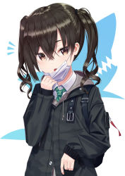 Rule 34 | 1girl, :o, black jacket, brown eyes, brown hair, collared shirt, commentary request, diagonal-striped clothes, diagonal-striped necktie, diagonal-striped neckwear, dress shirt, green neckwear, hair between eyes, hand up, highres, idolmaster, idolmaster cinderella girls, jacket, long hair, long sleeves, mask, mask pull, mole, mole under eye, mouth mask, necktie, open mouth, pulled by self, sanpeita, shark, sharp teeth, shirt, simple background, sleeves past wrists, solo, striped clothes, striped neckwear, sunazuka akira, surgical mask, teeth, twintails, upper body, white background, white shirt