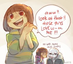 Rule 34 | 10s, 1boy, 2015, androgynous, blunt bangs, blush, blush stickers, brown hair, chara (undertale), commentary, dated, english text, frisk (undertale), hooded top, jacket, michiru (viridilly), open mouth, own hands together, red eyes, sans (undertale), shirt, skeleton, smile, striped clothes, striped shirt, undertale, whispering