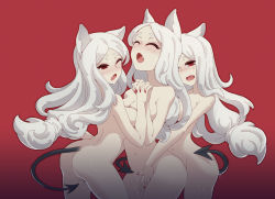 Rule 34 | 3girls, absurdres, animal ears, black tail, blush, breasts, cerberus (helltaker), demon girl, demon tail, dog ears, dog girl, closed eyes, fang, fff threesome, fingering, group sex, helltaker, highres, huge filesize, incest, joker.z, large breasts, long hair, midriff, multiple girls, nude, open mouth, pussy juice, red background, red eyes, selfcest, sex, siblings, silver hair, simple background, sisters, sweat, tail, threesome, triplets, very long hair, yuri