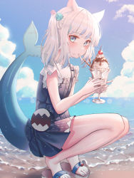 Rule 34 | 1girl, absurdres, animal ears, bad id, bad pixiv id, beach, blue dress, blue eyes, blue hair, blue sky, blush, cat ears, cloud, cloudy sky, domi (hongsung0819), dress, feet, fins, fish tail, food, frilled shirt, frills, full body, gawr gura, gawr gura (casual), grey hair, hair ornament, hands up, highres, holding, hololive, hololive english, ice cream, legs, lens flare, long legs, looking at viewer, medium hair, mouth hold, multicolored hair, nail polish, outdoors, pleated dress, sandals, shadow, shark tail, shirt, short dress, side ponytail, sidelocks, sky, solo, squatting, streaked hair, tail, thighs, toenail polish, toenails, toes, utensil in mouth, virtual youtuber, water, white hair