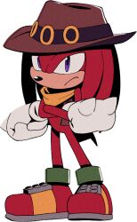 Rule 34 | 1boy, animal nose, bandana, body fur, bottomless, brown hat, brown vest, closed mouth, cowboy hat, crossed arms, digimin, frown, full body, furry, furry male, gloves, hat, knuckles the echidna, long hair, looking at viewer, male focus, non-web source, official art, open clothes, open vest, purple eyes, red footwear, red fur, red hair, ring (sonic), shoes, sidelocks, sideways mouth, simple background, solo, sonic (series), spiked gloves, standing, tail, the murder of sonic the hedgehog, transparent background, vest, yellow bandana, yellow gloves