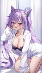 Rule 34 | 1girl, breasts, cleavage, cone hair bun, genshin impact, hair bun, highres, keqing (genshin impact), large breasts, looking at viewer, lunacle, medium breasts, open mouth, purple hair, solo, twintails