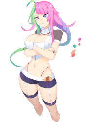 Rule 34 | absurdres, ahoge, black thighhighs, blouse, braid, breasts, bright pupils, cleavage, color guide, fishnet thighhighs, fishnets, garter straps, green hair, heterochromia, high collar, highres, long hair, multicolored nails, nail polish, nanoless, original, panties, placebo antidote, red panties, ringed eyes, shirt, short shorts, shorts, simple background, single braid, solo, standing, stomach, tagme, thick eyebrows, thighhighs, underwear, white background, white shirt