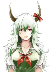 Rule 34 | 1girl, breasts, cleavage, deetamu, dress, ex-keine, green dress, green hair, hair between eyes, highres, horn ornament, horn ribbon, horns, kamishirasawa keine, large breasts, long hair, looking at viewer, messy hair, nose, puffy short sleeves, puffy sleeves, red eyes, red ribbon, ribbon, short sleeves, simple background, smile, solo, touhou, upper body, white background