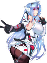 Rule 34 | 1girl, android, ass, bare shoulders, blue hair, breasts, cyborg, elbow gloves, expressionless, forehead protector, gloves, highres, kos-mos, kos-mos re:, large breasts, long hair, looking at viewer, namco, negresco, nintendo, pantyhose, red eyes, simple background, standing, super smash bros., v, very long hair, xenoblade chronicles (series), xenoblade chronicles 2, xenosaga