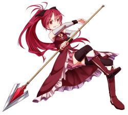 Rule 34 | 10s, 1girl, bare shoulders, black thighhighs, boots, detached sleeves, full body, long hair, looking at viewer, magical girl, mahou shoujo madoka magica, mahou shoujo madoka magica (anime), momobosi, polearm, ponytail, red eyes, red hair, sakura kyoko, simple background, smile, solo, spear, thighhighs, weapon, white background, zettai ryouiki