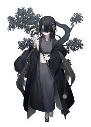 Rule 34 | 1girl, black footwear, black hair, blindfold, closed mouth, commentary request, facing viewer, grey kimono, hair ornament, hairclip, highres, holding, holding staff, japanese clothes, kimono, long sleeves, obi, open clothes, original, sandals, sash, simple background, socks, solo, staff, tabi, tokuno yuika, tree, white background, white socks, wide sleeves, zouri