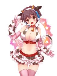 Rule 34 | 10s, 1girl, animal ears, animal print, bad id, bad pixiv id, bell, belt, blush, breasts, brown eyes, brown hair, cleavage, collar, cow ears, cow horns, cow print, cow tail, cowbell, elbow gloves, frilled skirt, frills, gloves, headset, horns, huge breasts, idolmaster, idolmaster cinderella girls, kocchichiko, midriff, navel, neck bell, oikawa shizuku, open mouth, pink thighhighs, short hair, skirt, solo, tail, thighhighs