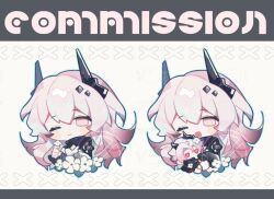 Rule 34 | 1girl, arknights, black dress, blush, border, character doll, chinese commentary, closed mouth, commentary request, commission, cropped torso, doll, dress, flower, hair flower, hair ornament, holding, holding doll, horns, looking at viewer, nitrogen owo, one eye closed, open mouth, pink eyes, pink hair, smile, theresa (arknights), theresis (arknights), upper body, watermark, white background, white flower