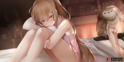 Rule 34 | 1girl, bad id, bad pixiv id, bare legs, bird, blush, bookshelf, brown hair, closed mouth, commentary request, dress, hair between eyes, hair ornament, hololive, hololive english, hugging object, hugging own legs, indoors, knees up, long hair, looking away, mujinbensin, nanashi mumei, on bed, owl, petting, pillow, pillow hug, pink dress, pink shirt, shirt, short dress, sitting, solo focus, strapless, strapless dress, very long hair, virtual youtuber