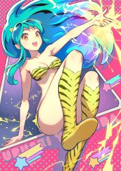 Rule 34 | 1girl, :d, animal print, bare arms, bare shoulders, bikini, blue hair, breasts, cleavage, collarbone, commentary request, electricity, electrokinesis, fangs, feet out of frame, floating hair, highres, horns, kneehighs, lum, medium breasts, nishimura eri, no shoes, open mouth, outstretched arm, print bikini, print socks, red eyes, smile, socks, solo, star (symbol), strapless, strapless bikini, swimsuit, teeth, tiger print, upper teeth only, urusei yatsura, yellow bikini, yellow socks