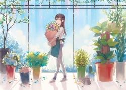 Rule 34 | 10s, 1girl, apron, blue sky, blush, bouquet, brown footwear, brown hair, brown pants, bush, cactus, carrying, day, employee uniform, flower, flower pot, full body, green eyes, holding, holding flower pot, idolmaster, idolmaster cinderella girls, indoors, leaf, lipstick, long hair, long sleeves, looking at viewer, makeup, mig (36th underground), pants, petals, shade, shibuya rin, shirt, shoes, sky, sleeves pushed up, solo, sunlight, uniform, vase, walking, watering can, white shirt, window, wood