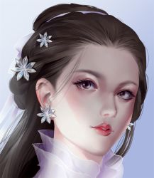 Rule 34 | 1girl, brown hair, earrings, grey eyes, hair ornament, hair ribbon, hairband, highres, jewelry, looking at viewer, original, parted lips, portrait, ribbon, solo, white background, white ribbon, yiqing (yohare)