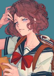 Rule 34 | 1girl, aqua background, arm up, backpack, bag, black sailor collar, bow, brown hair, elliemaplefox, holding, holding phone, original, phone, red bow, red neckwear, sailor collar, shirt, short hair, short sleeves, simple background, solo, tears, white eyes, white shirt