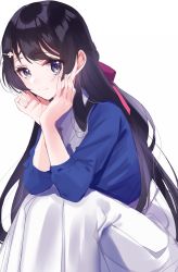 Rule 34 | 1girl, black hair, blue eyes, blue shirt, blush, bow, braid, hair bow, hair ornament, hairclip, hands on own cheeks, hands on own face, head rest, long hair, looking at viewer, misumi (macaroni), nijisanji, red bow, shirt, simple background, sitting, skirt, smile, solo, tsukino mito, tsukino mito (2nd costume), virtual youtuber, white background, white skirt