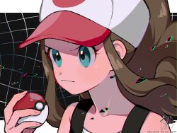 1girl black_vest brown_hair closed_mouth collarbone commentary_request creatures_(company) eyelashes frown game_freak hana_e_(ka_e0128) hand_up hat highres hilda_(pokemon) holding holding_poke_ball long_hair nintendo open_clothes open_vest poke_ball poke_ball_(basic) pokemon pokemon_bw serious shirt sidelocks solo upper_body vest white_hat white_shirt