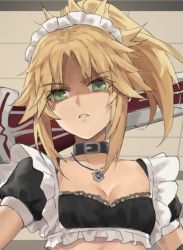 Rule 34 | 1girl, alternate costume, bad id, bad twitter id, belt collar, blonde hair, braid, breasts, clarent (fate), cleavage, collar, collarbone, crop top, enmaided, fate/apocrypha, fate (series), female focus, french braid, frills, green eyes, grin, holding, holding sword, holding weapon, jewelry, long hair, looking at viewer, maid, maid headdress, mordred (fate), mordred (fate/apocrypha), necklace, parted bangs, ponytail, puffy short sleeves, puffy sleeves, scrunchie, shaded face, short sleeves, sidelocks, small breasts, smile, solo, sword, tonee, upper body, weapon