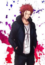 Rule 34 | 10s, 1boy, cc (5589422), cigarette, collarbone, commentary request, fur collar, fur trim, hands in pockets, jacket, jewelry, k-project, male focus, necklace, red eyes, red hair, shirt, short hair, solo, suoh mikoto, v-neck, white shirt