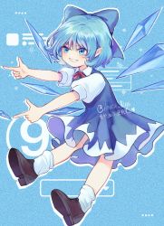 Rule 34 | 1girl, arms up, artist name, black footwear, blue background, blue bow, blue dress, blue hair, blush, bow, bowtie, circled 9, cirno, closed mouth, collared shirt, commentary request, dress, eyes visible through hair, flying, hair between eyes, hair bow, hands up, heart, hourai kiriri, ice, ice wings, looking to the side, pointing, pointing to the side, pointy ears, puffy short sleeves, puffy sleeves, red bow, red bowtie, shirt, shoes, short hair, short sleeves, smile, socks, solo, teeth, touhou, v-shaped eyebrows, white shirt, white socks, wings