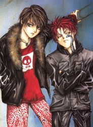 Rule 34 | 2boys, angel, angel sanctuary, animal print, artbook, brown eyes, brown hair, casual, crossed arms, fur, gradient background, hood, jacket, jewelry, leather, leather jacket, leopard print, lost angel, male focus, michael (angel sanctuary), michael (character), mudou setsuna, multiple boys, necklace, official art, open clothes, open jacket, red hair, short hair, spiked hair, standing, tattoo, yuki kaori