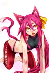 Rule 34 | 1girl, all fours, animal ears, arc system works, bad id, bad pixiv id, barefoot, blazblue, cat ears, cat tail, gin com, glasses, kokonoe (blazblue), pants, pince-nez, pink hair, red pants, solo, tail, tongue, tongue out, yellow eyes