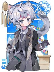 Rule 34 | 1boy, animal ear fluff, animal ears, arknights, black coat, black gloves, blue sky, blush, bow, bowtie, chinese commentary, coat, collared shirt, commentary request, cropped legs, desk, dust cloud, formal, gloves, grey eyes, grey hair, grey pants, grey shirt, grey suit, grey vest, highres, infection monitor (arknights), leopard boy, leopard ears, leopard tail, looking to the side, male focus, official alternate costume, pants, paw print, pixelated, saucer (saucer752), shirt, short hair, silverash (arknights), silverash (york&#039;s bise) (arknights), single sidelock, sky, solo, stamp mark, suit, tail, umbrella, vest, white bow, white bowtie, wind chime, window