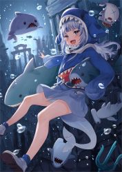 Rule 34 | 1girl, :d, air bubble, animal costume, animal hood, artist name, bloop (gawr gura), blue hair, blunt bangs, bubble, commentary, fins, fish skeleton, fish tail, gawr gura, gawr gura (1st costume), hammerhead shark, hololive, hololive english, hood, multicolored hair, open mouth, polearm, shark, shark costume, shark fin, shark hood, shark tail, sharp teeth, smile, symbol-only commentary, tail, teeth, ten-chan (eternal s), trident, twitter username, two-tone hair, underwater, virtual youtuber, weapon, white hair