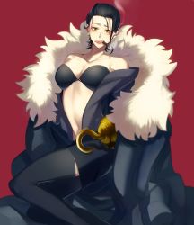 Rule 34 | 1girl, black coat, black hair, black thighhighs, breasts, cigar, coat, coat on shoulders, commentary request, crocodile (one piece), earrings, eyelashes, genderswap, genderswap (mtf), hair slicked back, highres, hook hand, jewelry, large breasts, looking at viewer, mirin (coene65), one piece, red background, scar, scar on face, short hair, simple background, smoking, solo, standing, thighhighs, thighs, yellow eyes