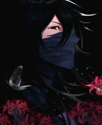 Rule 34 | 1boy, absurdres, black hair, bleach, blurry, bug, butterfly, close-up, commentary, covered mouth, depth of field, floating hair, flower, from side, gwao ( ul 13), hair between eyes, highres, insect, kurosaki ichigo, light particles, long hair, mugetsu form (bleach), profile, red eyes, solo, spider lily, symbol-only commentary, v-shaped eyebrows