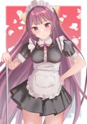 Rule 34 | 1girl, :&gt;, alternate costume, apron, black dress, blush, bow, breasts, commentary request, dress, enmaided, hair bow, highres, kamikaze (kancolle), kantai collection, long hair, looking at viewer, maid, medium breasts, neck ribbon, petals, puffy short sleeves, puffy sleeves, purple eyes, purple hair, ribbon, sakieko, short sleeves, simple background, smile, solo, very long hair, white apron, yellow bow