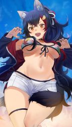 Rule 34 | 1girl, absurdres, animal ear fluff, animal ears, bikini, bikini under clothes, black hair, blue sky, breasts, brown eyes, claw pose, collar, commentary, cowboy shot, day, from below, front-tie bikini top, front-tie top, hair ornament, highres, hololive, leaf print, long hair, looking at viewer, medium breasts, multicolored hair, navel, ookami mio, ookami mio (hololive summer 2019), open clothes, open mouth, open shorts, red hair, seicoh, shorts, side-tie bikini bottom, sky, solo, streaked hair, swimsuit, symbol-only commentary, tail, tail wrap, thigh strap, underboob, virtual youtuber, wolf ears, wolf tail