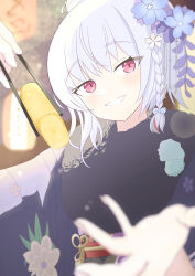 Rule 34 | 1girl, absurdres, blue archive, chopsticks, flower, fried food, hair flower, hair ornament, halo, haruna (blue archive), highres, holding, holding chopsticks, japanese clothes, kimono, looking at viewer, red eyes, user umsf2734, white hair