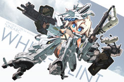 Rule 34 | 1girl, armored core, armored core: for answer, blonde hair, blue eyes, breasts, brown shorts, dual wielding, floating, from below, glowing, gun, hair between eyes, highres, holding, holding gun, holding weapon, horns, looking down, mecha musume, navel, personification, science fiction, short hair, shorts, single horn, small breasts, solo, sports bra, strap, susagane, weapon, white glint