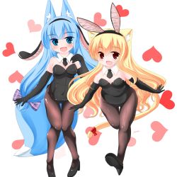 Rule 34 | 2girls, :d, animal ear fluff, animal ears, bare shoulders, black footwear, black gloves, black leotard, black neckwear, blonde hair, blue eyes, blue hair, blush, bow, breasts, brown legwear, bunny day, cat ears, cleavage, collar, commentary request, covered navel, detached collar, elbow gloves, fake animal ears, fang, fox ears, gloves, hair between eyes, hair bow, heart, heart background, high heels, highres, kanijiru, kittysuit, leotard, long hair, medium breasts, multiple girls, necktie, nontraditional playboy bunny, open mouth, original, pantyhose, plaid, plaid bow, playboy bunny, purple bow, rabbit ears, red eyes, red ribbon, ribbon, shoe soles, shoes, short necktie, simple background, smile, standing, standing on one leg, strapless, strapless leotard, tail, tail ornament, tail ribbon, very long hair, white background, white collar, wing collar