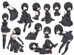 Rule 34 | 1girl, :o, backless dress, backless outfit, bare shoulders, black dress, black eyes, black hair, black ribbon, black thighhighs, closed mouth, dress, from behind, from side, hammer (sunset beach), hand to own mouth, legs up, looking at viewer, lying, monogatari (series), multiple views, neck ribbon, no shoes, on back, oshino ougi, parted lips, ribbon, short hair, simple background, smile, smug, standing, thighhighs, two-sided fabric, two-sided skirt, white background