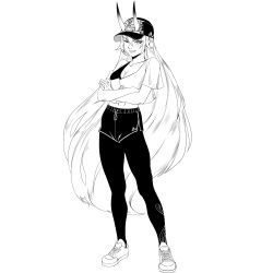 Rule 34 | 1girl, absurdres, baseball cap, breasts, cleavage, collarbone, crossed arms, fate/grand order, fate (series), greyscale, grin, hair between eyes, hat, highres, horns, horns through headwear, kofjp, large breasts, leggings, long hair, looking at viewer, midriff, monochrome, navel, one eye closed, oni horns, shirt, shoes, shorts, smile, sneakers, solo, tomoe gozen (fate), very long hair