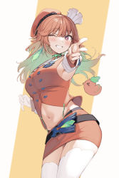 Rule 34 | 1girl, ;), beret, blush, breasts, colored inner hair, cowboy shot, crop top, detached sleeves, earrings, feather earrings, feathers, green hair, grin, hat, highres, hololive, hololive english, jewelry, kotori (takanashi kiara), large breasts, looking at viewer, midriff, multicolored hair, navel, one eye closed, orange hair, orange hat, orange skirt, pink eyes, shin no tenpii, simple background, skirt, smile, solo, standing, takanashi kiara, thighhighs, v, virtual youtuber, white hat, white thighhighs