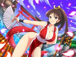 Rule 34 | &gt;:d, 1girl, :d, bare arms, bare legs, bare shoulders, blue sky, blush, breasts, brown hair, cleavage, cloud, cloudy sky, collarbone, crossover, day, dutch angle, fatal fury, female focus, hand fan, hand on own hip, hand up, highres, holding, japanese clothes, large breasts, legs, long hair, looking at viewer, ninja, official art, open mouth, outdoors, outstretched arm, pelvic curtain, petals, ponytail, purple eyes, raft, senran kagura, senran kagura new link, shiny skin, shiranui mai, sky, sleeveless, smile, solo, sparkle, thighs, water, water drop, yaegashi nan