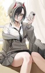 1girl absurdres amam_(64943468) azur_lane black_hair black_necktie black_skirt breasts cellphone feet_out_of_frame hair_between_eyes highres holding holding_phone hood hoodie horns indoors long_sleeves looking_at_viewer loose_necktie mechanical_horns medium_breasts multicolored_hair necktie official_alternate_costume open_clothes open_hoodie partially_unzipped phone pleated_skirt red_horns shirt sitting skirt slit_pupils smartphone solo two-tone_hair ulrich_von_hutten_(azur_lane) ulrich_von_hutten_(what_comes_after_the_bell)_(azur_lane) white_shirt yellow_eyes