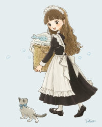 Rule 34 | 1girl, :3, :d, animal, apron, back bow, basket, blush, bow, brown eyes, brown hair, cat, collared dress, dress, earrings, fish, frilled apron, frills, highres, holding, holding basket, jewelry, juliet sleeves, kitten, laundry basket, long hair, long sleeves, looking back, looking down, maid, maid apron, maid headdress, mary janes, open mouth, original, pantyhose, puffy sleeves, ribbon, shoes, signature, smile, solo, tokoyu, walking, wavy hair