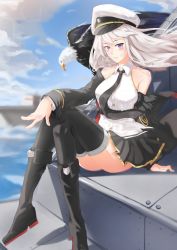 Rule 34 | absurdres, azur lane, bald eagle, belt, bird, black belt, black coat, black neckwear, blue sky, blurry, blurry background, boots, chinese commentary, cleavage, cloud, coat, commentary request, day, eagle, enterprise (azur lane), hat, highres, military hat, miniskirt, ocean, open clothes, open coat, peaked cap, pleated skirt, rudder footwear, shirt, silver hair, skirt, sky, sleeveless, sleeveless shirt, thighhighs, underbust, white headwear, yuking
