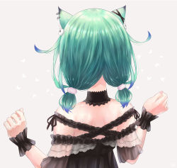 Rule 34 | 1girl, absurdres, animal ears, back, bad id, bad pixiv id, cat ears, choker, colored tips, dress, earrings, frills, from behind, gothic lolita, green hair, hair ornament, highres, hololive, jewelry, karashi (asarikarasi), lolita fashion, low twintails, medium hair, multicolored hair, simple background, solo, twintails, upper body, uruha rushia, uruha rushia (3rd costume), virtual youtuber, wrist cuffs