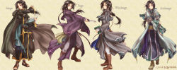Rule 34 | 1boy, beige background, belt, black cape, black hair, black robe, blue robe, blue sash, book, boots, brooch, brown belt, brown footwear, cape, capelet, facial mark, fire emblem, fire emblem: path of radiance, fire emblem: radiant dawn, forehead mark, full body, grey capelet, grey robe, head tilt, holding, holding book, holding knife, holding weapon, hood, hooded cape, jewelry, knife, long hair, long sleeves, looking at viewer, low ponytail, male focus, multi-tied hair, multiple views, nemupon (goodlucky), nintendo, open clothes, open mouth, open robe, pants, purple capelet, purple robe, red eyes, robe, sandals, sash, sidelocks, soren (fire emblem), standing, translation request, weapon, white capelet, white pants, white robe, wide sleeves