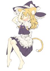 Rule 34 | 1girl, absurdres, animal ear fluff, animal ears, apron, back bow, barefoot, black hat, black vest, blonde hair, blush, bow, cat ears, cat girl, cat tail, commentary request, covering face, embarrassed, fang, feet, flat color, frilled apron, frilled hat, frills, full body, furrowed brow, hair between eyes, hair bow, hat, hat bow, highres, kirisame marisa, knees together feet apart, long hair, looking at viewer, multiple hair bows, open mouth, partial commentary, puffy short sleeves, puffy sleeves, purple bow, seika okawari, shirt, short sleeves, simple background, sitting, solo, sweatdrop, tail, toes, touhou, vest, waist apron, wavy hair, white background, white bow, white shirt, witch hat, yellow eyes