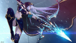 Rule 34 | adapted costume, arrow (projectile), ashe (league of legends), black panties, blue eyes, bow (weapon), breasts, crossbow, drawing bow, highres, holding, holding bow (weapon), holding weapon, ice, kalma, league of legends, midriff, navel, panties, pantyshot, riot games, skirt, snow, solo, thick thighs, thighhighs, thighs, underwear, weapon, white hair