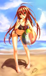 Rule 34 | 1girl, alastor (shakugan no shana), ball, barefoot, beach, beachball, bent over, bikini, candy, cloud, day, feet, food, footprints, highres, jewelry, lollipop, long hair, looking at viewer, navel, outdoors, pendant, red eyes, red hair, shakugan no shana, shana, side-tie bikini bottom, sky, swimsuit, toes, yui hiroshi