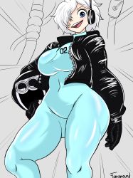 Rule 34 | 1girl, absurdres, antennae, ass, black gloves, blue eyes, blush, bodysuit, breasts, faramound, female focus, gloves, hair over one eye, headphones, unworn headwear, helmet, unworn helmet, highres, hip focus, huge ass, jacket, large breasts, looking at viewer, midriff, navel, one piece, shiny clothes, short hair, solo, thighs, tight clothes, uniform, vegapunk lilith, white hair, wide hips