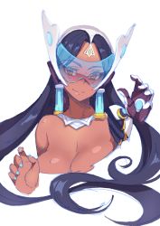 Rule 34 | 1girl, bare shoulders, black hair, blue nails, blush, breasts, choker, cleavage, collarbone, cyborg, dark-skinned female, dark skin, earrings, fiodo, forehead jewel, headgear, highres, jewelry, large breasts, long hair, looking at viewer, mechanical arms, nail polish, necklace, overwatch, overwatch 1, parted lips, simple background, single mechanical arm, sketch, solo, symmetra (overwatch), visor, white background, yellow eyes