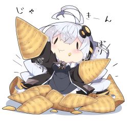 Rule 34 | 1girl, :t, antenna hair, black jacket, blush, braid, breasts, bugles (food), chibi, closed mouth, commentary request, dress, eating, food, food on face, full body, grey dress, hair between eyes, hair ornament, headphones, headset, jacket, kizuna akari, large breasts, long hair, long sleeves, milkpanda, open clothes, open jacket, puffy cheeks, puffy long sleeves, puffy sleeves, shadow, silver hair, solid oval eyes, solo, star (symbol), twin braids, very long hair, voiceroid, wavy mouth, white background